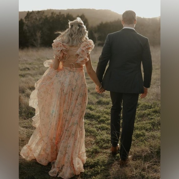 Mac Duggal 67803 Floral Chiffon Cutout Ruffle Shoulder Ball Gown Maxi Dress sz 8 - Picture 9 of 15